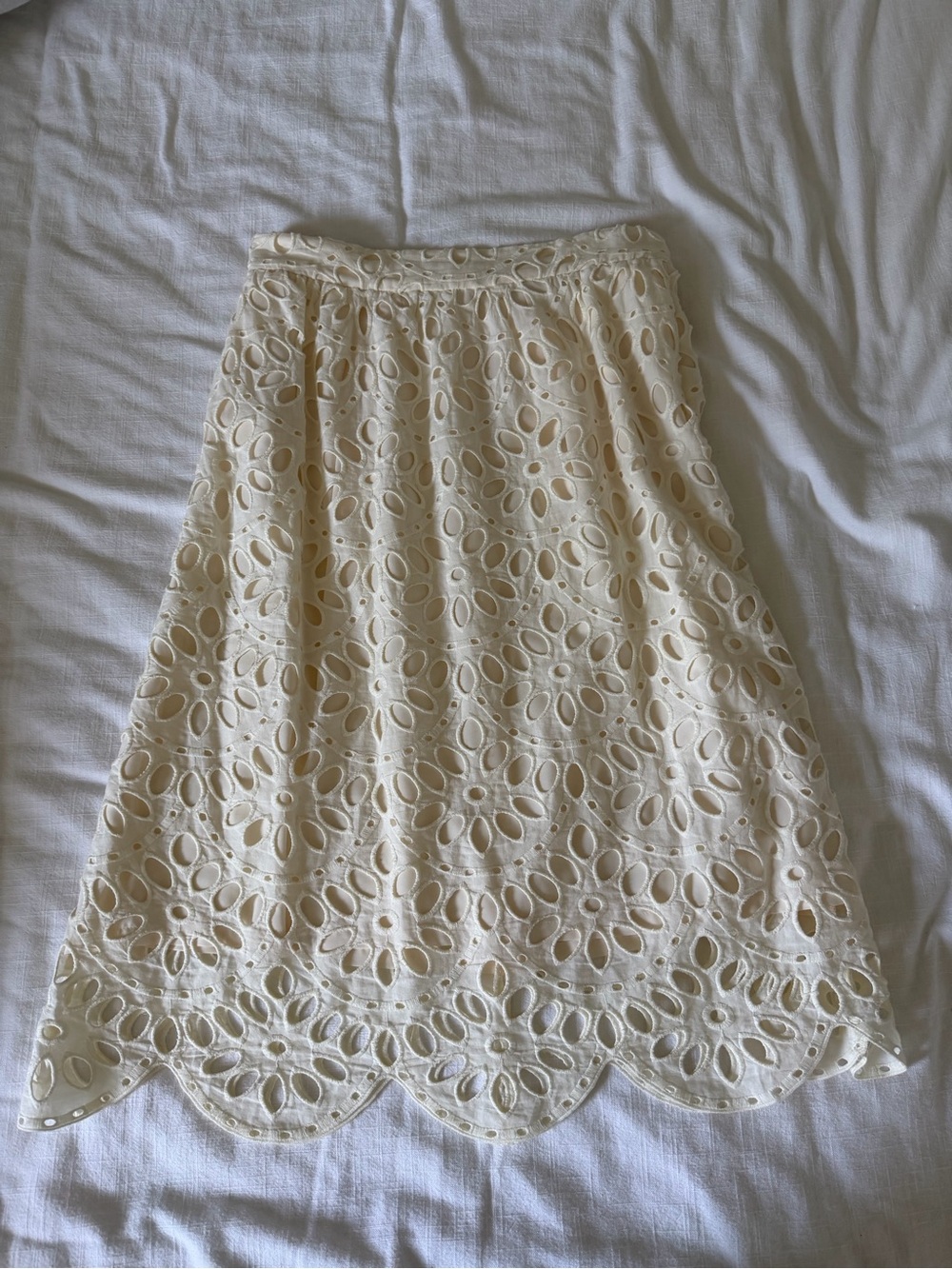 Ann Taylor Cream Eyelet Midi Skirt with Scalloped Hem